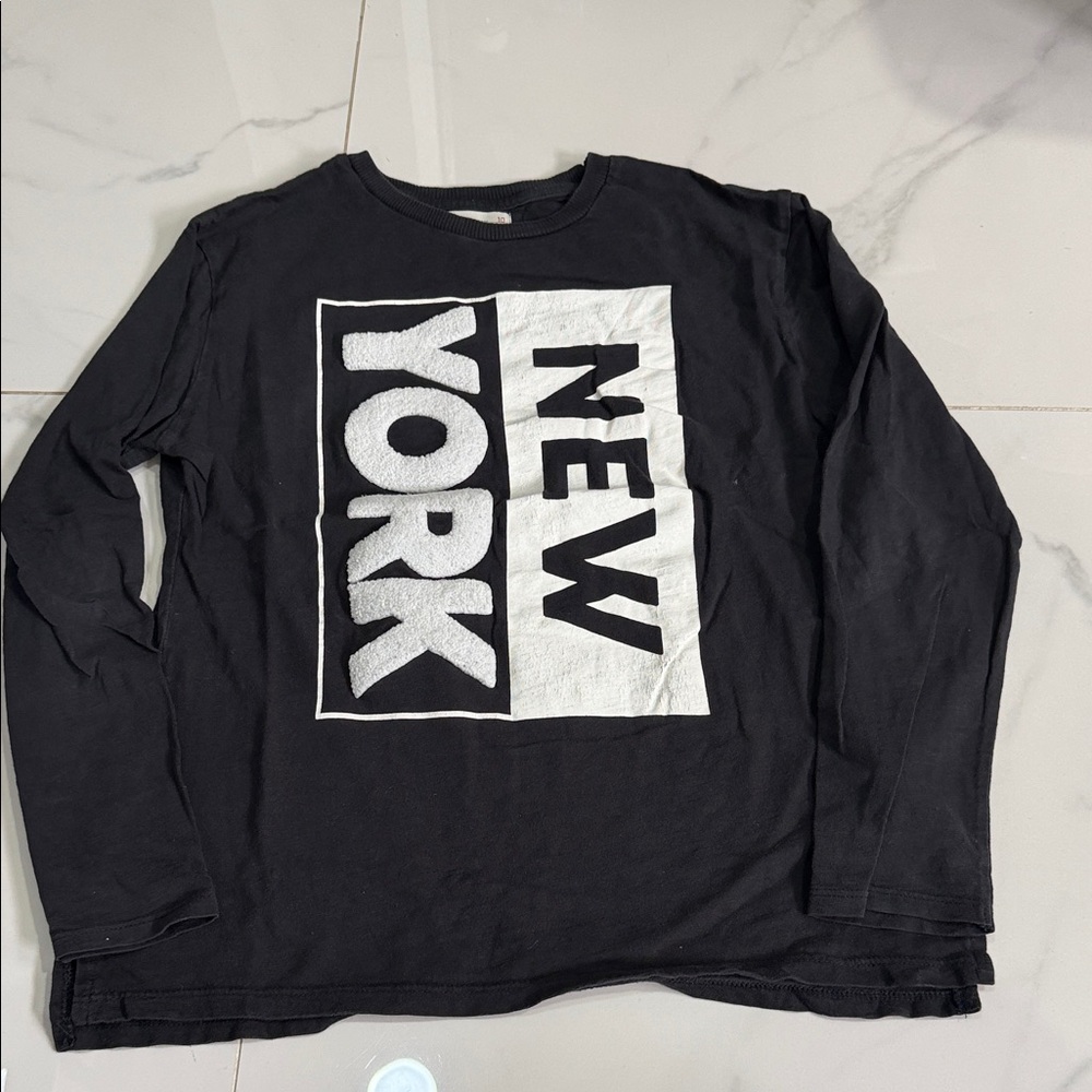 Zara Black Long Sleeve Tee with White "New York" Graphic